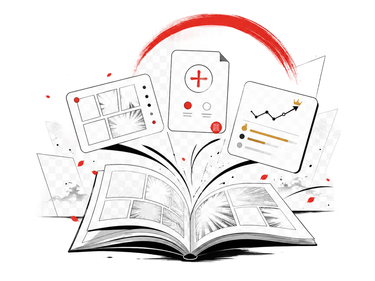 An open manga book with floating prediction cards, an ink brush circle, and a red hanko stamp